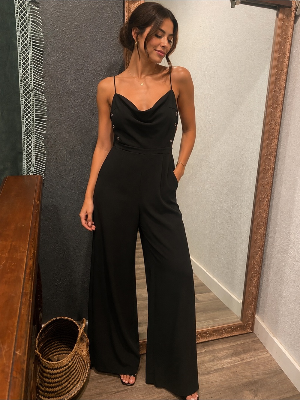 Fashion Nova Black Spaghetti-Strap Wide-Leg Jumpsuit
